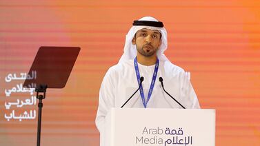 Dr Sultan Al Neyadi, Minister of State for Youth, speaking at the Arab Media Summit in Dubai. Pawan Singh / The National