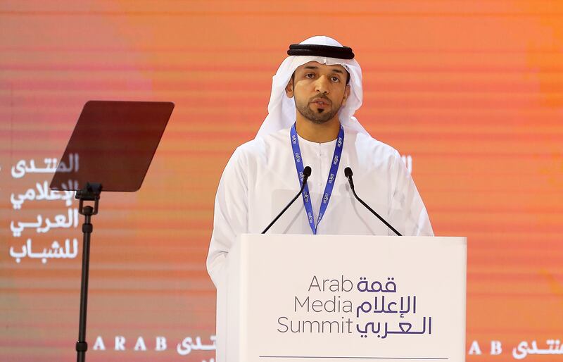 Dr Sultan Al Neyadi, Minister of State for Youth, speaking at the Arab Media Summit in Dubai. Pawan Singh / The National