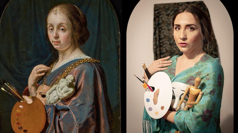 Twitter user Marisol Rios C recreates 'Pictura (An Allegory of Painting)' by Frans van Mieris the Elder with all the props in place, swapping out the statue with a wooden mannequin. Via @MarisolRiosC / Twitter