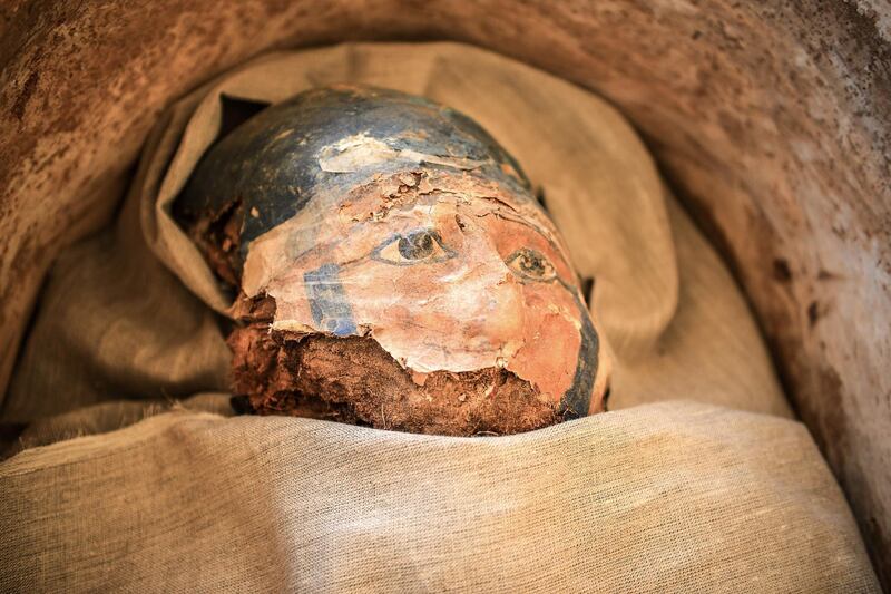 A detail of a sarcophagus, part of a new discovery south of King Amenemhat II’s pyramid at Dahshur necropolis. AFP