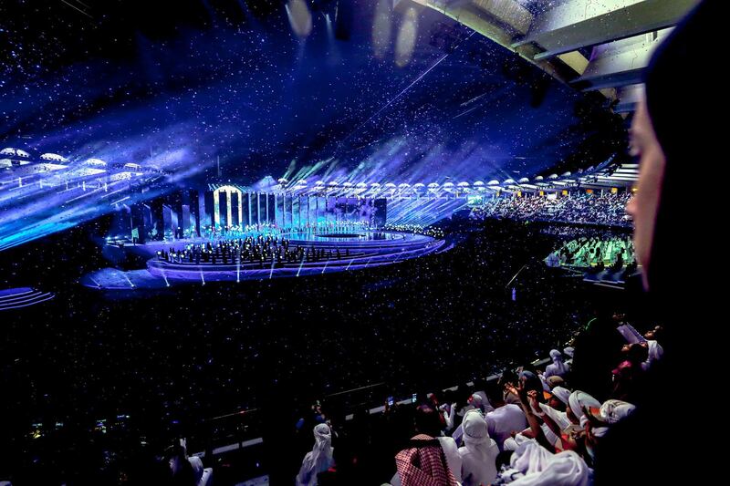 Abu Dhabi, United Arab Emirates, December 2, 2019.  48th UAE National Day at the Zayed Sports City Stadium.
- Laser and light show depicting Emirati Heritage and Legacy.
Victor Besa / The National
Reporter:  Haneen Dajani
Section: NA