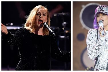 Adele, left, and Miley Cyrus, are among singers whose albums has been pushed back due to the coronavirus pandemic. Getty Images