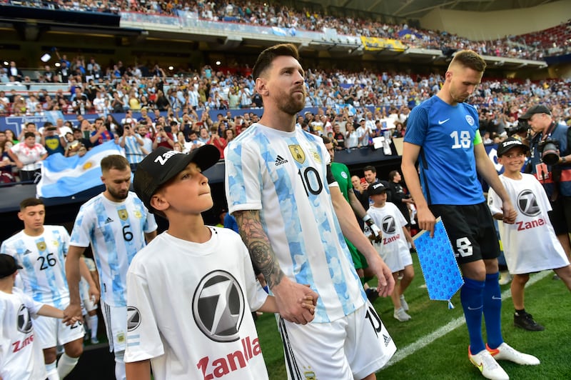 Argentina's Lionel Messi enters the pitch during a friendly match against Estonia at El Sadar stadium in Pamplona, northern Spain. AP Photo 
