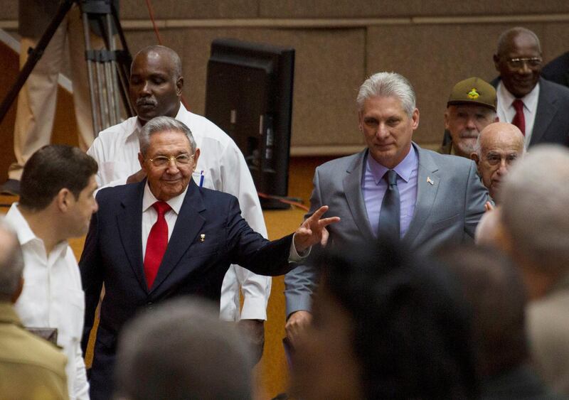 Cuba's President Raul Castro (C-L) and First Vice-President Miguel Diaz-Canel (C-R) arrive for a session of the National Assembly in Havana, Cuba, April 18, 2018.  Irene Perez/Courtesy of Cubadebate/Handout via Reuters. ATTENTION EDITORS - THIS PICTURE WAS PROVIDED BY A THIRD PARTY.