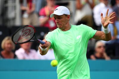 LONDON, ENGLAND - JUNE 17: Kevin Anderson of South Africa plays a forehand during his First Round Singles Match against Cameron Norrie of Great Britain during Day One of the Fever-Tree Championships at Queens Club on June 17, 2019 in London, United Kingdom. (Photo by Clive Brunskill/Getty Images)