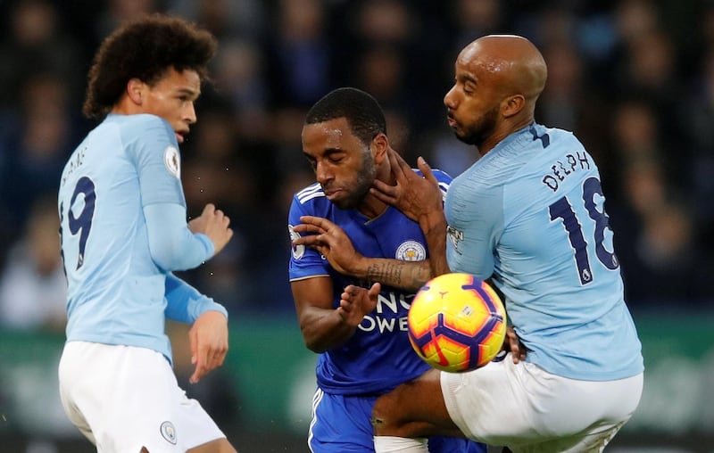 Leicester City's Pereira in action with Manchester City's Delph and Leroy Sane. Action Images via Reuters