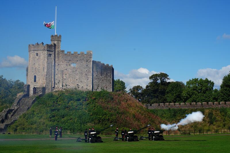 Reservists from 104 Regiment Royal Artillery fire a royal gun salute from Cardiff Castle, to mark the arrival of King Charles in Wales. PA