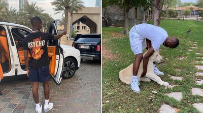 Left, British rapper Dave arrives at his Downtown Dubai hotel; right, the star at the Belhasa family's private zoo. Instagram / santandave