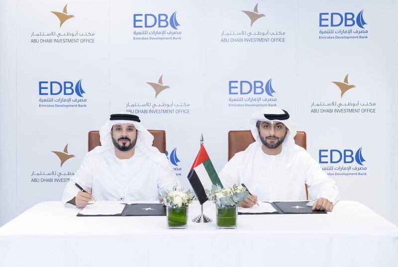 Emirates Development Bank and Abu Dhabi Investment Office representatives during the signing ceremony. Photo: EDB and Adio