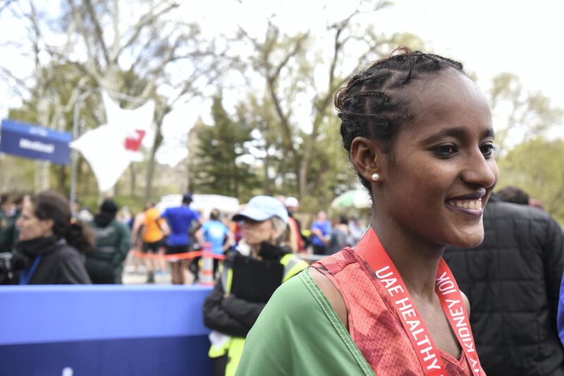MANHATTAN, NEW YORK, APRIL 29, 2018 People are seen participating in the 2018 UAE Healthy Kidney 10K Run in Central Park in  Manhattan, NY.  Runner Buze Diriba of Ethiopia is seen after the race. 4/29/2018 Photo by ©Jennifer S. Altman All Rights Reserved