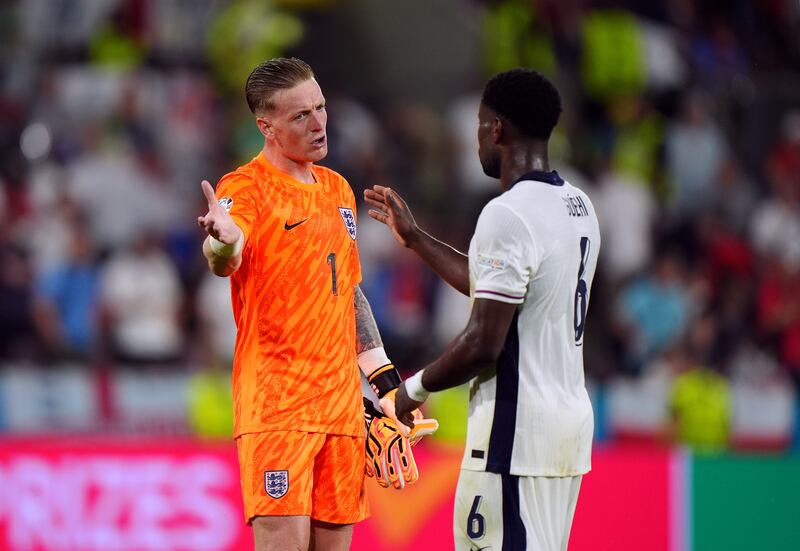 England goalkeeper Jordan Pickford and Marc Guehi after the match. PA 