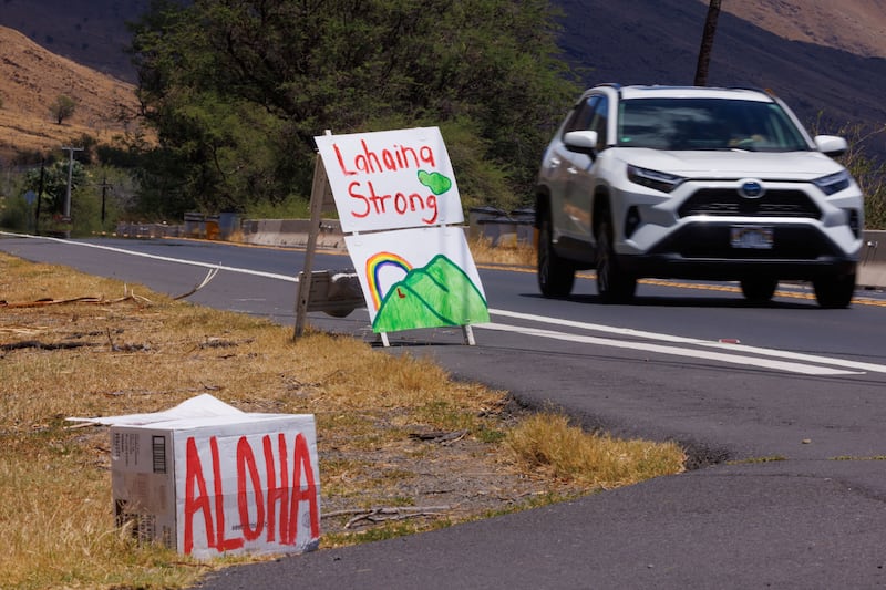 Local residents put up signs along the motorway near Lahaina. Reuters