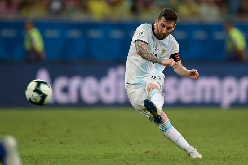 Argentina's Lionel Messi takes a free kick. AFP