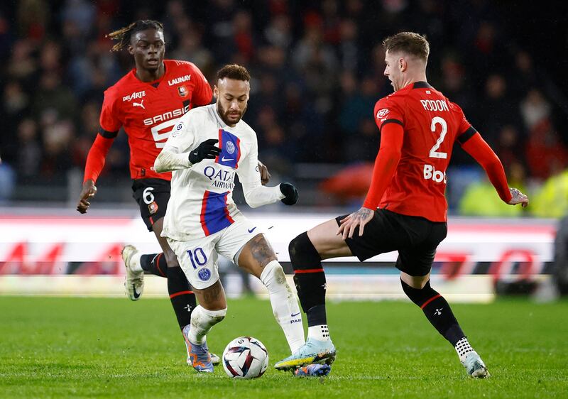  Neymar in action with Stade Rennes' Joe Rodon and Chimuanya Ugochukwu. Reuters