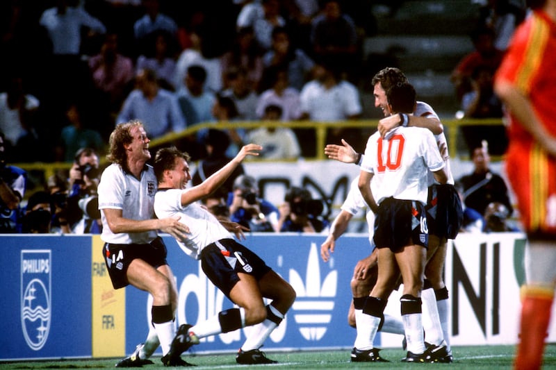 England's David Platt, second left, celebrates his last-gasp winner against Belgium at the 1990 World Cup in Italy. Getty