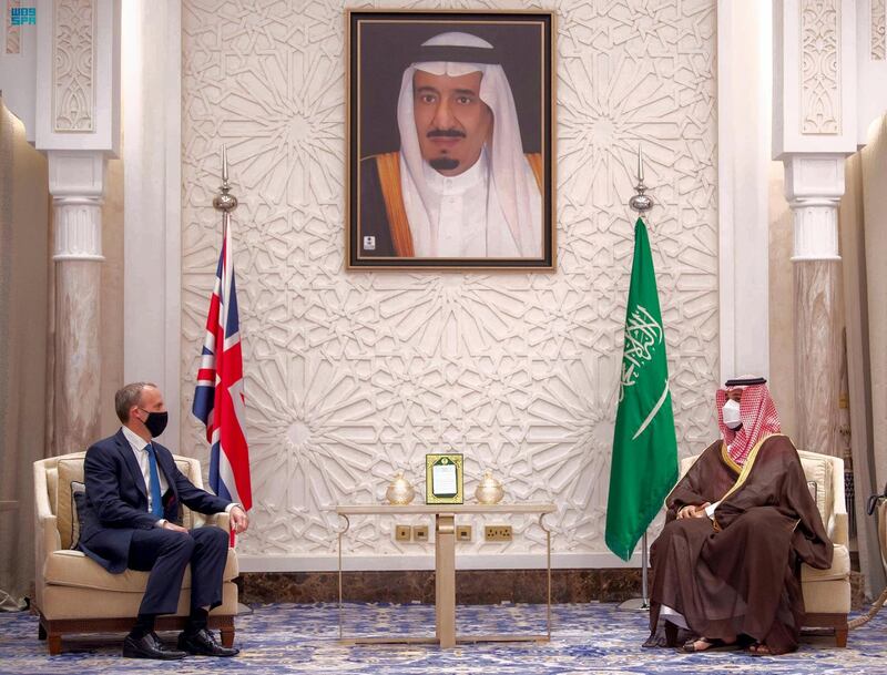 Saudi Crown Prince Mohamed bin Salman meeting with British Foreign Minister Dominic Raab. SPA