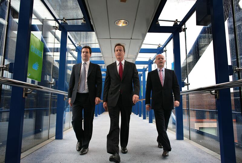 David Cameron, George Osborne and William Hague walk to the International Conference Centre during the Conservative Party conference in 2008 in Birmingham. Getty Images