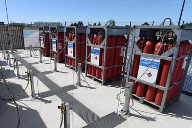 Hydrogen bottles at a hydrogen filling station in Le Mans, France. Globally, the hydrogen industry is expected to grow to $183bn by 2023, from $129bn in 2017, according to Fitch Solutions. AFP