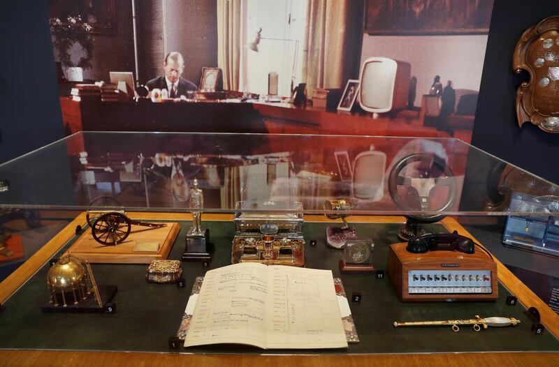 The desk of Prince Philip used at Clarence House is seen with some of his office items. Reuters