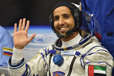Emirati astronaut Hazza Al Mansouri will catch up with hi mother when he arrives back on Earth after an eight-day stay in space. EPA    