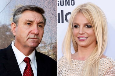 Jamie Spears, father of singer Britney Spears, leaves the Stanley Mosk Courthouse in Los Angeles on Oct.  24, 2012, left, and Britney Spears arrives at the Billboard Music Awards in Las Vegas on May 17, 2015.  A Los Angeles judge on Friday ended the conservatorship that has controlled the pop singer's life and money for nearly 14 years.  (AP Photo)