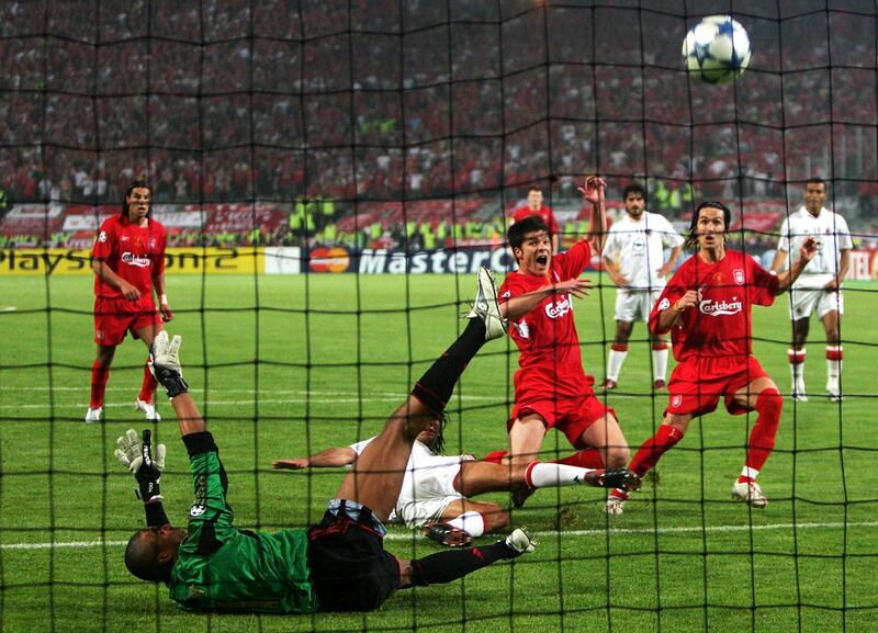 ISTANBUL, TURKEY - MAY 25:  (Re-transmission of #52980075) Liverpool midfielder Xabi Alonso of Spain scores the third goal during the European Champions League final between Liverpool and AC Milan on May 25, 2005 at the Ataturk Olympic Stadium in Istanbul, Turkey.  (Photo by Mike Hewitt/Getty Images)