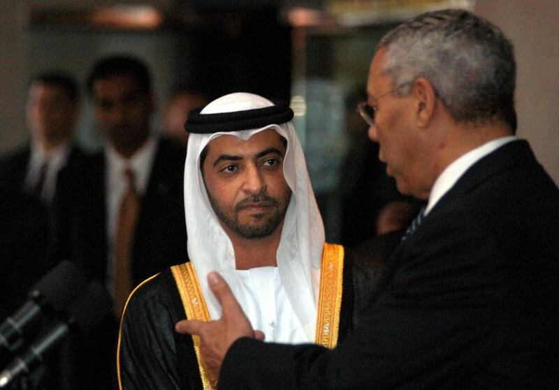 Sheikh Hamdan bin Zayed, UAE deputy prime minister, and the former US Secretary of State Colin Powell, speak to reporters after holding a meeting at the State Department in Washington, DC. Nicholas Roberts / AFP Photo / October 27, 2003