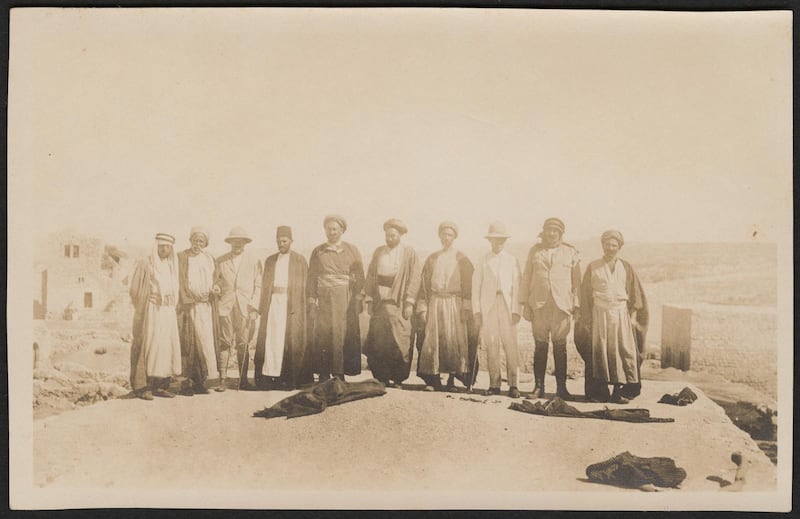 Group portrait of Nasri Fuleihan (third from left) and other men. Palestine, circa 1910s-1930s. Gail O'Keefe Edson. Courtesy of Akkasah Centre for Photography.