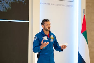 UAE Astronaut Sultan Al Neyadi delivers a presentation during the inauguration of the Gateway Lunar Space Station construction project at Qasr Al Watan, Abu Dhabi. UAE Presidential Court