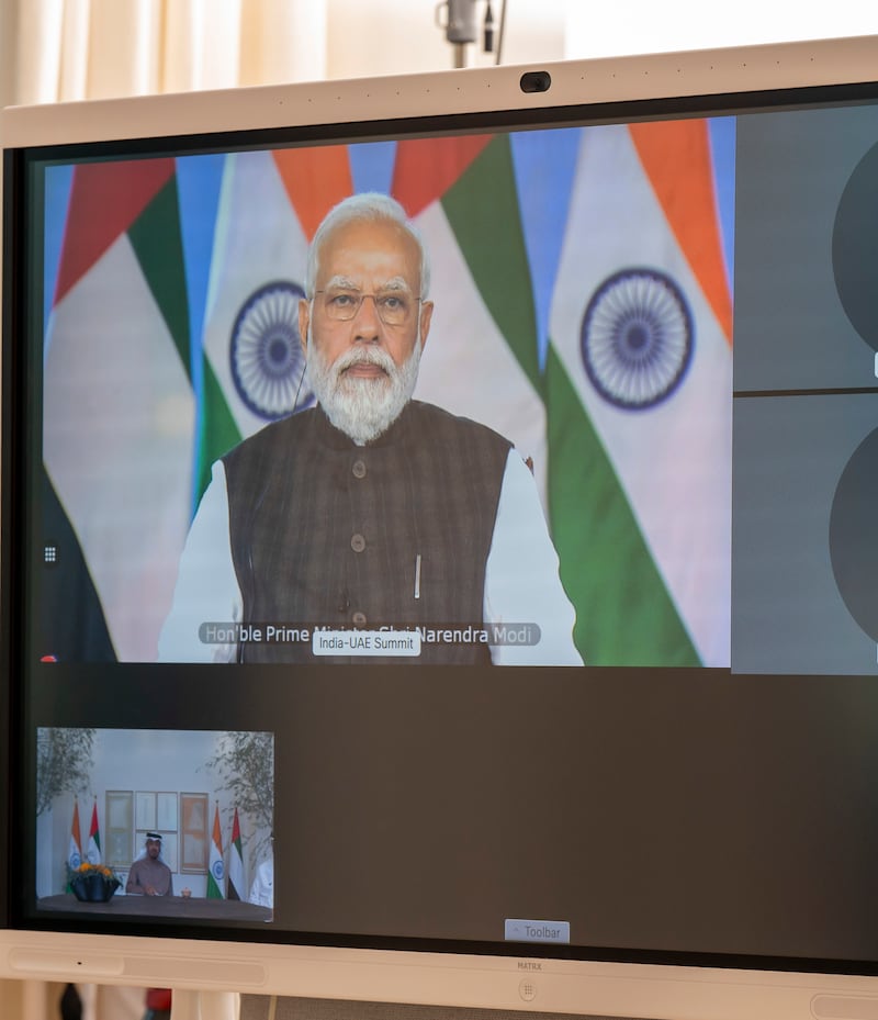 The virtual summit between Sheikh Mohamed bin Zayed, Crown Prince of Abu Dhabi and Deputy Supreme Commander of the Armed Forces, and India's Prime Minister Narendra Modi. Photo: Abdullah Al Neyadi / Ministry of Presidential Affairs