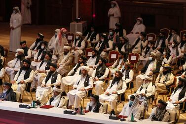 Members of the Taliban delegation attend the opening session of peace talks with the Afghan government in the Qatari capital Doha on September 12, 2020. AFP