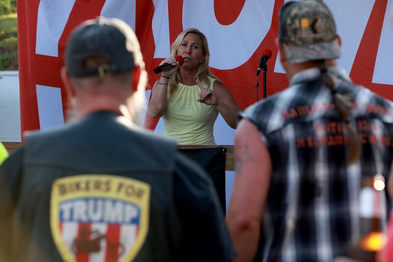 Congresswoman Marjorie Taylor Greene speaks during a Bikers for Trump campaign event held at the Crazy Acres Bar and Grill in Plainville, Georgia. Getty / AFP
