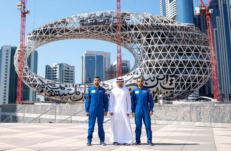 Sheikh HAmdan bin Rashid, Crown Prince of Dubai with two future makers of the UAE astronauts Hazza Al Mansouri and Sultan Al Niadi in front of the Museum of the future. WAM