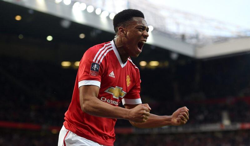 Anthony Martial of Manchester United celebrates after scoring on Sunday against West Ham United in his team's FA Cup tie. Michael Regan / Getty Images / March 13, 2016 