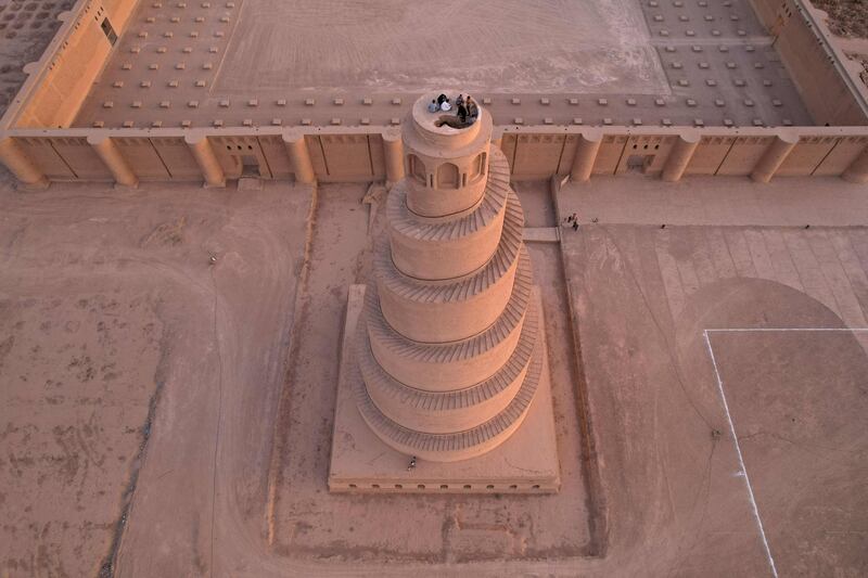 An aerial view shows the spiral Malwiya minaret.  