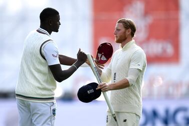MANCHESTER, ENGLAND - JULY 20: Ben Stokes of England shakes hands with Jason Holder of West Indies after victory on Day Five of the 2nd Test Match in the #RaiseTheBat Series between England and The West Indies at Emirates Old Trafford on July 20, 2020 in Manchester, England. (Photo by Gareth Copley/Getty Images for ECB)