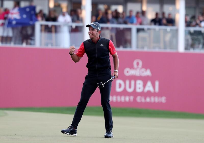 Dubai, United Arab Emirates - Reporter: Paul Radley and John McAuley: Lucas Herbert wins the playoff on the 18th hole on the 4th and final day of the Omega Dubai Desert Classic. Sunday, January 26th, 2020. Emirates Golf Club, Dubai. Chris Whiteoak / The National