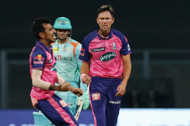 Trent Boult of Rajasthan Royals celebrates the wicket of K. Gowtham of Lucknow Super Giants. Sportzpics for IPL