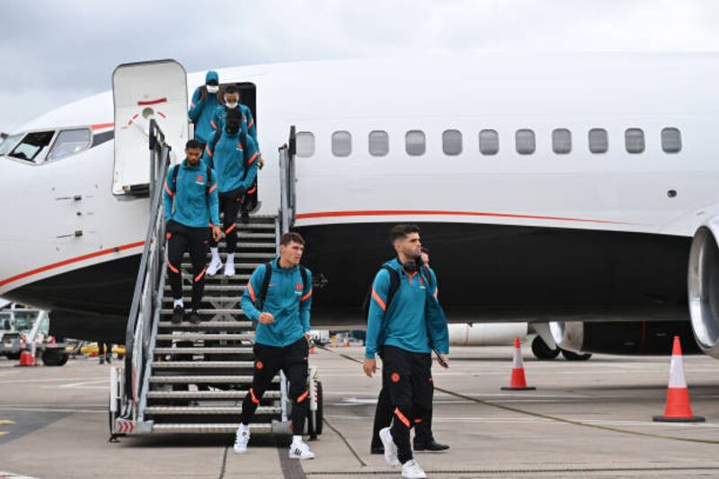Christian Pulisic, Andreas Christensen and their Chelsea and teammates arrive at George Best Belfast Airport for the Uefa Super Cup match against Villarreal.