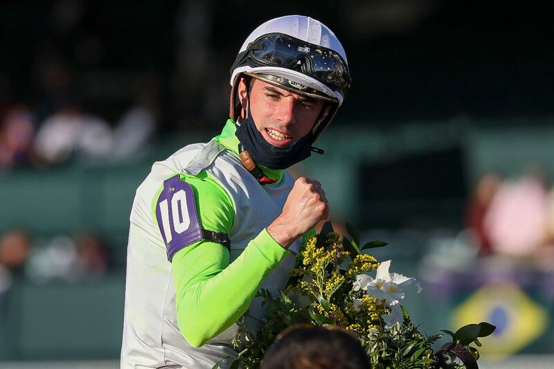 Florent Geroux aboard Monomoy Girl celebrates after winning the Breeders' Cup Distaff race. USA Today