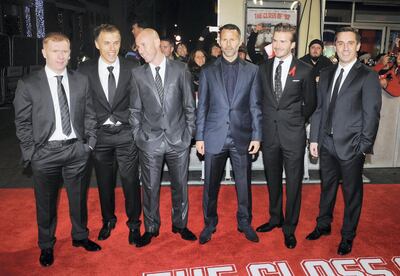 Paul Scholes, Phil Neville, Nicky Butt, Ryan Giggs, David Beckham and Gary Neville attend the premiere of "The Class Of 92" at Odeon West End. (Photo by rune hellestad/Corbis via Getty Images)