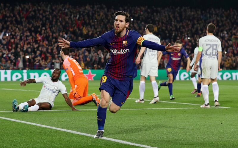 Soccer Football - Champions League Round of 16 Second Leg - FC Barcelona vs Chelsea - Camp Nou, Barcelona, Spain - March 14, 2018   Barcelona’s Lionel Messi celebrates scoring their third goal    REUTERS/Albert Gea     TPX IMAGES OF THE DAY