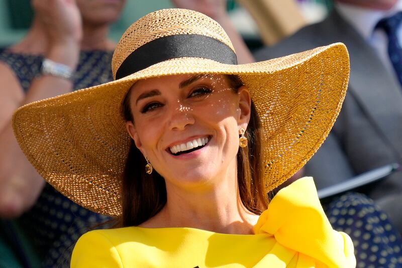 Britain's Catherine, Duchess of Cambridge watches Mate Pavic and Nikola Mektic of Croatia play Matthew Ebden and Max Purcell of Australia in the final of the men's doubles on day thirteen of the Wimbledon tennis championships in London. AP Photo / Kirsty Wigglesworth