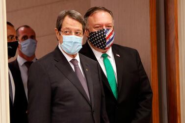 Mike Pompeo's meeting with the Cypriot President Nicos Anastasiades came just hours after he attended the Afghan peace talks. EPA
