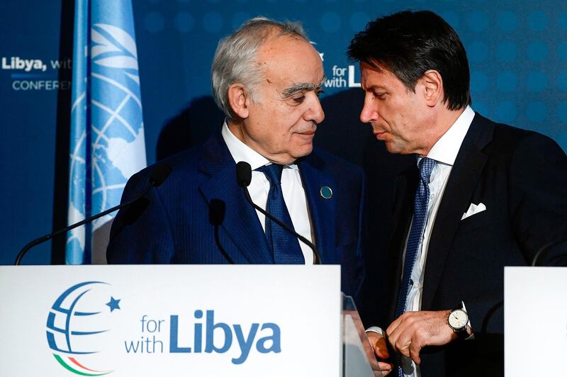 Italian Prime Minister Giuseppe Conte (R) and UN Special Envoy for Libya Ghassan Salame arrive on November 13, 2018 for a press conference following an international conference on Libya in Palermo.
 Italy is the latest country aiming to bring Libya's disparate and often warring factions together after a Paris summit in May saw the Tripoli-based Government of National Accord (GNA) and Haftar agree to hold national polls on December 10 -- a date which has fallen by the wayside. / AFP / Filippo MONTEFORTE
