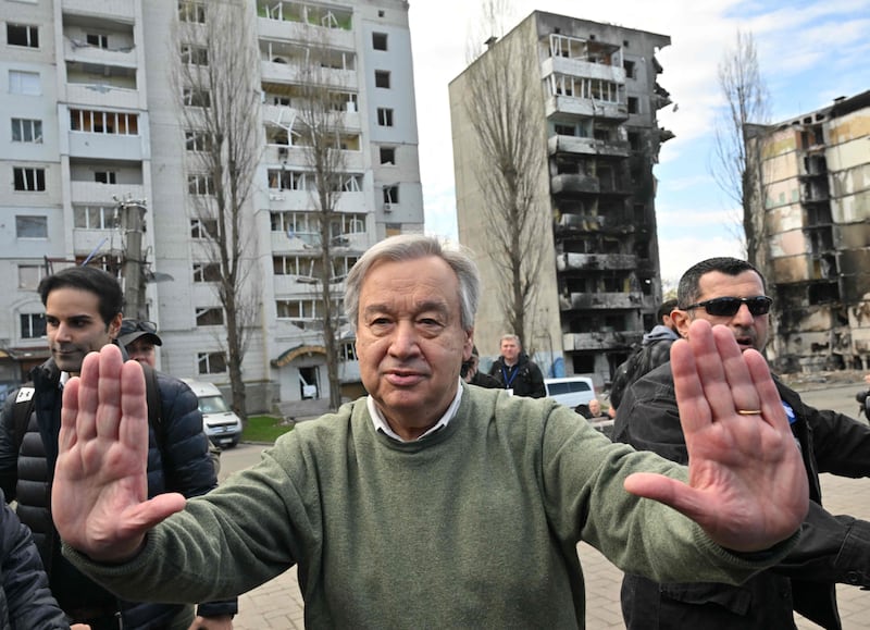 UN Secretary General Antonio Guterres visits Borodyanka, near Kyiv, where Russian forces are accused of killing civilians. AFP