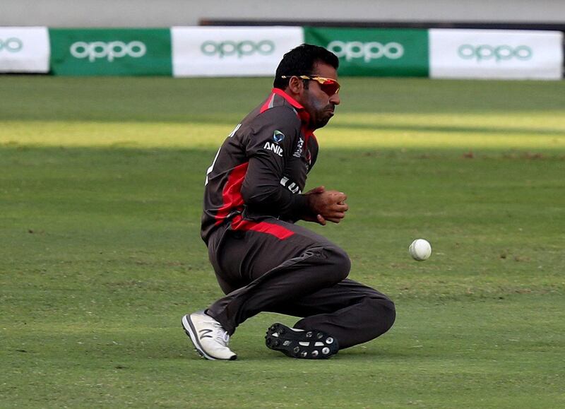 Dubai, United Arab Emirates - October 30, 2019: The UAE's Sultan Ahmad drops a catch during the game between the UAE and Scotland in the World Cup Qualifier in the Dubai International Cricket Stadium. Wednesday the 30th of October 2019. Sports City, Dubai. Chris Whiteoak / The National