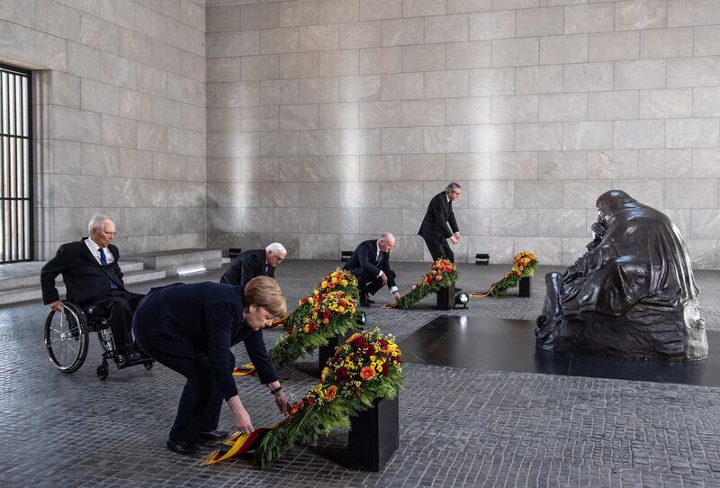 German Chancellor Angela Merkel, President of the German Parliament Bundestag Wolfgang Schaeuble, German President Frank-Walter Steinmeier, President of the Federal Council Bundesrat in Germany Dietmar Woidke and the presiding judge of the German Federal Constitutional Court's second senate, Andreas Vosskuhle attend wreath-laying ceremony to mark the 75th anniversary of the end of World War Two, at the Neue Wache Memorial in Berlin, Germany. EPA