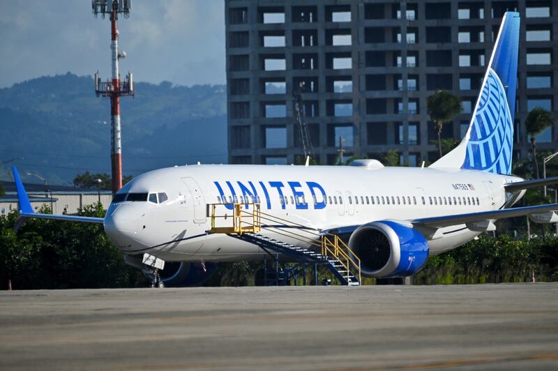 A United Airlines Boeing 737 Max 9 jetliner is grounded at Luis Munoz Marin International Airport in San Juan, Puerto Rico on January 7. Reuters