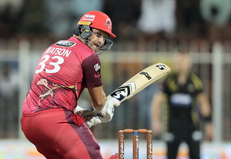 Sharjah, United Arab Emirates - November 22, 2018: Sindhis' Shane Watson bats during the game between Kerala Knights and Sindhis in the T10 league. Thursday the 22nd of November 2018 at Sharjah cricket stadium, Sharjah. Chris Whiteoak / The National